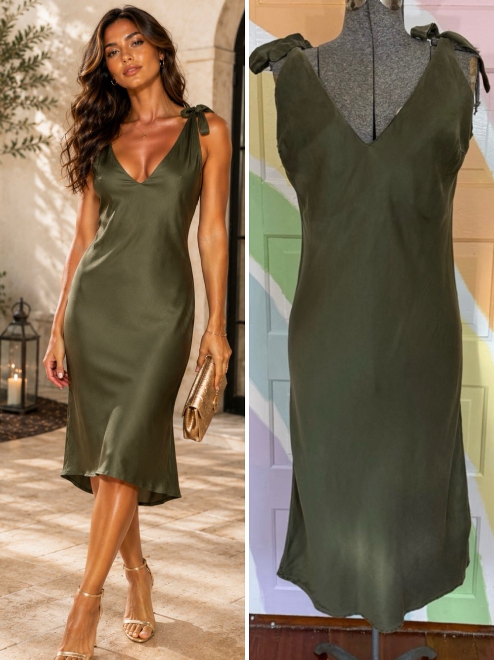 Cali Dreaming Olive Green Shoulder Tie Double V Slip Dress Sz L 💛🍄
